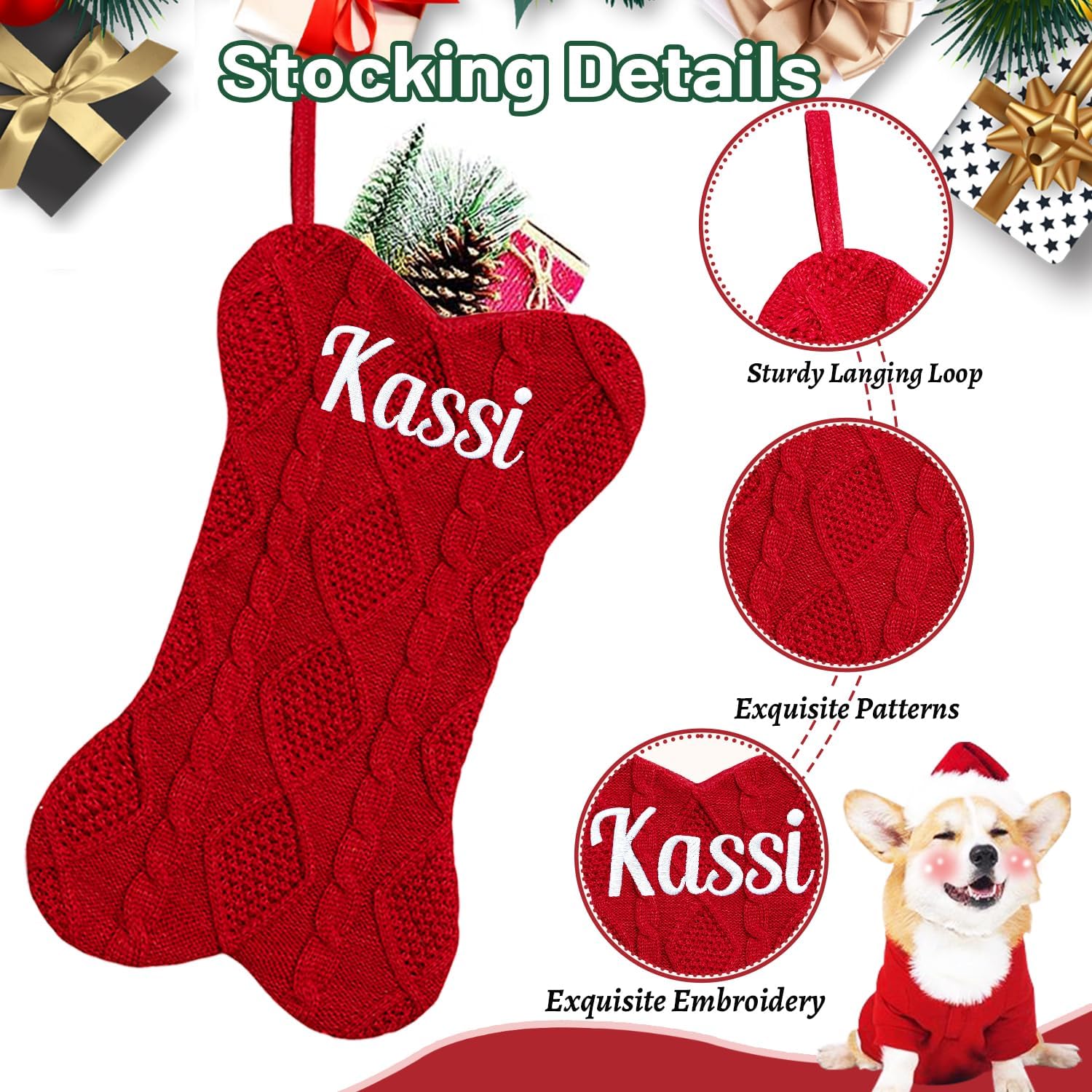 Personalized Dog Christmas Stocking, Custom Bone Shaped Knitted Christmas Stocking, Large Pet Hanging Christmas Stocking(1 Pack)