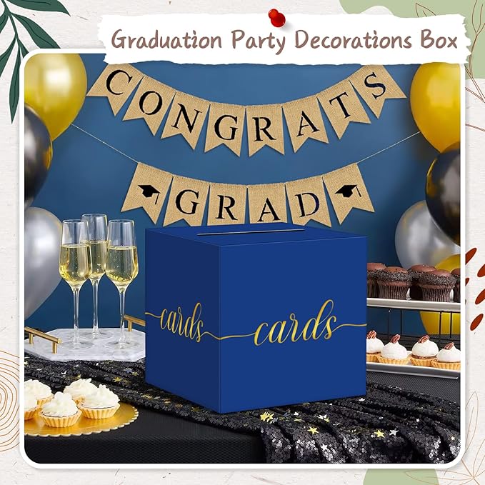 QIKSION Blue Graduation Card Box, Gold Foil Gift Card Box for Party, Graduation, Wedding Reception, Birthday, Baby Shower, Raffle