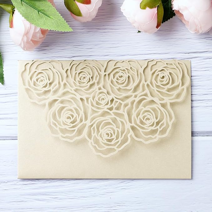 20 Pcs Laser Cut Wedding Invitations Card Pocket with Envelope for Birthday Party Baby or Bride Shower Invite suitable for 5 * 7 Inches Insert Paper (Champagne)