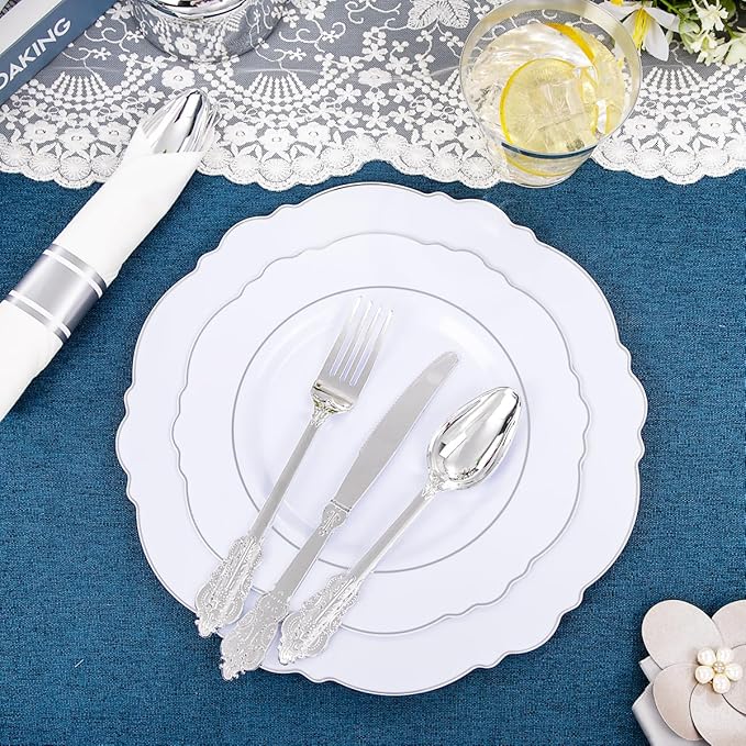 Liacere 350PCS Silver Plastic Plates-Disposable White and Silver Plates 50guest Baroque Plastic Dinnerware Set include 100Plates, 50Pack Pre Rolled Napkins with Silverware 50Cups Perfect for Chrismas