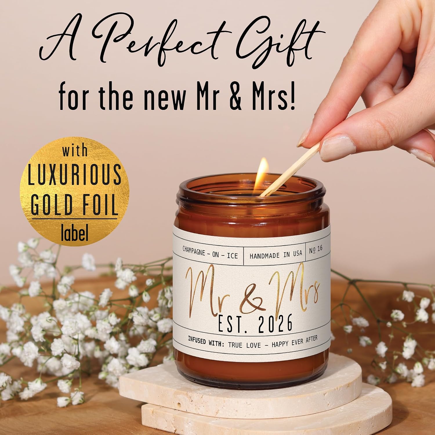 Wedding Gifts for Couples 2026, Bridal Shower Gifts from Bride - 'Mr and Mrs Est. 2026 Candle, w/Champagne on Ice I Wedding Shower for Newlyweds I 50Hr Burn, USA Made