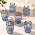 DARJEN 6 Pcs Blue Glass Candlestick Holders with Vertical Stripes - Irregular Shaped, Dual-Use for Taper Candles & Votive/Tea Lights, Candle Holders for Dining Table, Wedding, Party, Home, Gifts
