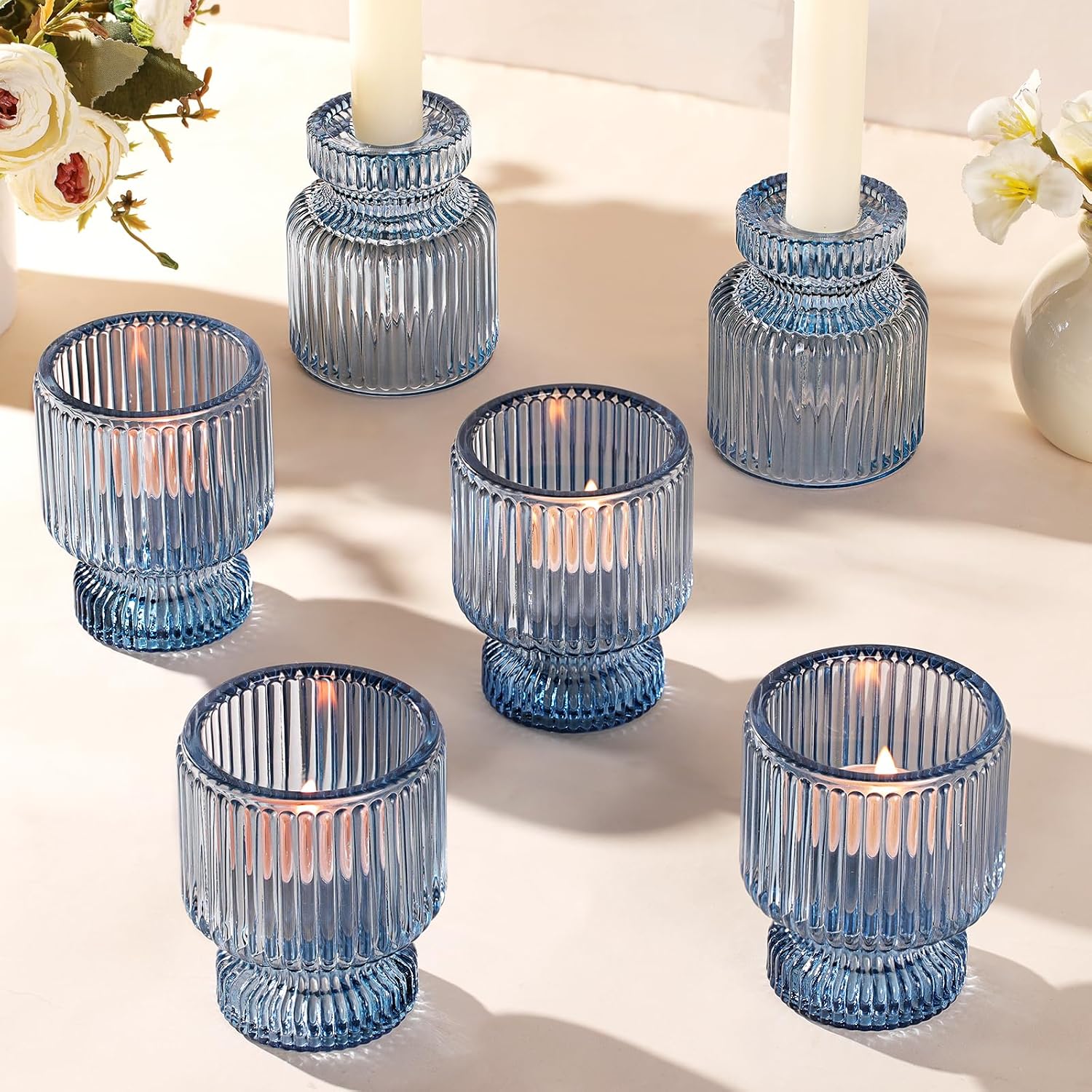DARJEN 6 Pcs Blue Glass Candlestick Holders with Vertical Stripes - Irregular Shaped, Dual-Use for Taper Candles & Votive/Tea Lights, Candle Holders for Dining Table, Wedding, Party, Home, Gifts