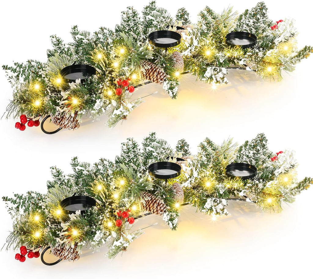 4 Pcs Christmas Table Centerpiece Decoration with 3 Christmas Candle Holders LED Fairy Lights String Lights Battery Operated Artificial Red Berries Pine Cones for Kitchen Indoor Home (Bright Style)