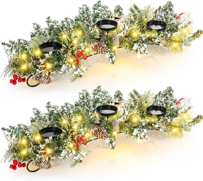 4 Pcs Christmas Table Centerpiece Decoration with 3 Christmas Candle Holders LED Fairy Lights String Lights Battery Operated Artificial Red Berries Pine Cones for Kitchen Indoor Home (Bright Style)