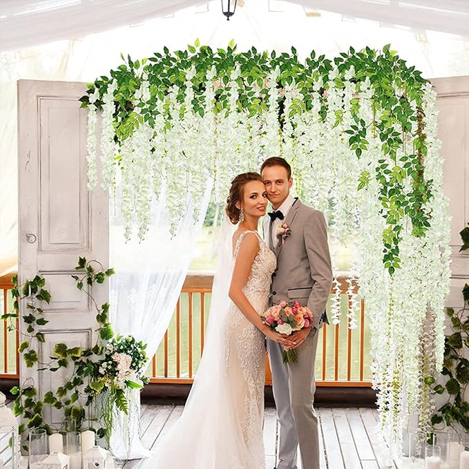 12 Pack White Wisteria Hanging Flowers, 3.44 Ft Fake Hanging Flowers, Artificial Wisteria Garland Vines for Wedding Room Backdrop Outdoor Patio Garden Decoration