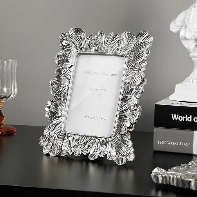 Silver 3x5 Picture Frame, Vintage Silver Palm Leaves Textured Hand-Crafted Resin with Glass Front, Small Frames Elegant Retro Rustic Design for Wall and Tabletop Display Home Decor