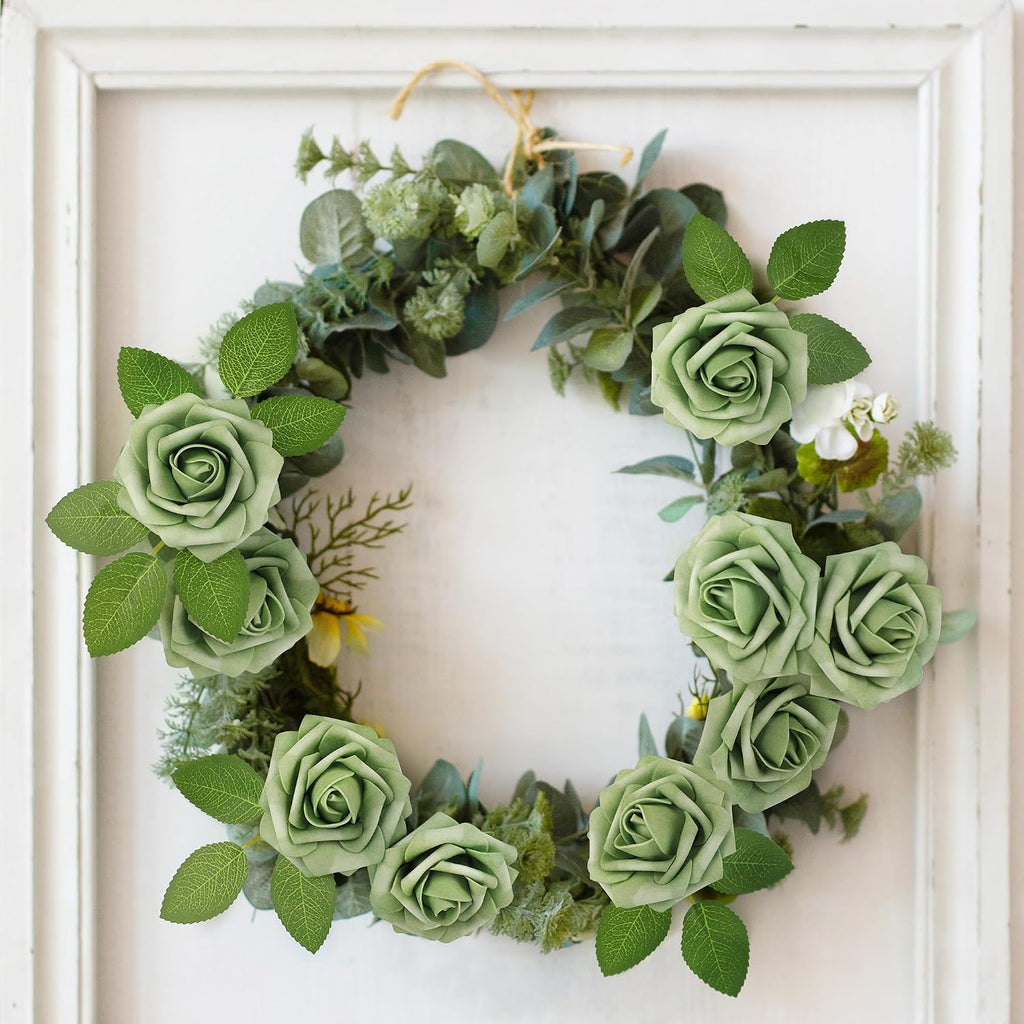 mocoosy 50pcs rose artificial flowers, sage green fake showing dimensions