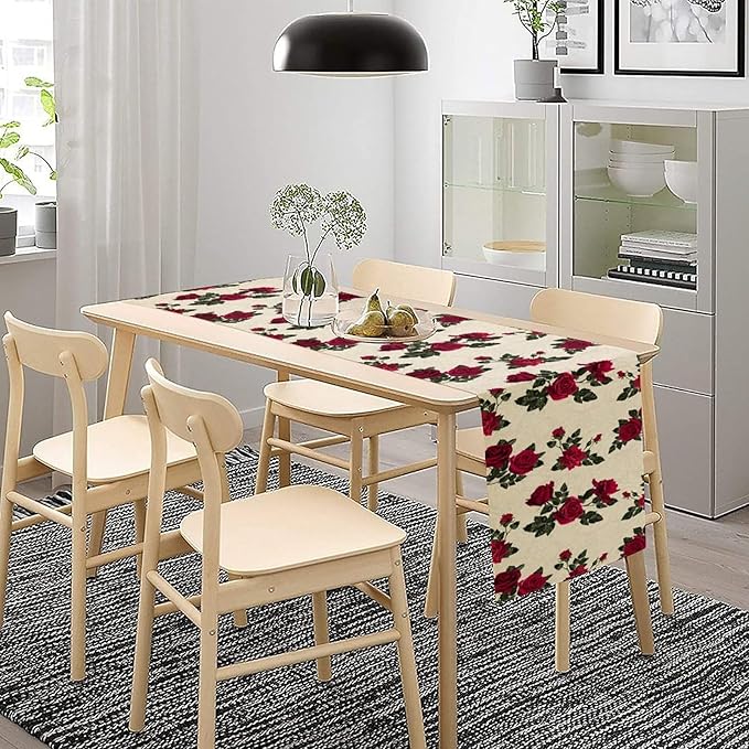 Vintage Rose Table Runner, Red Flowers Green Leaves Valentine's Day Table Runner for Kitchen Dinning Table Runner Decor Home Wedding Party Holiday, 13x36 Inch