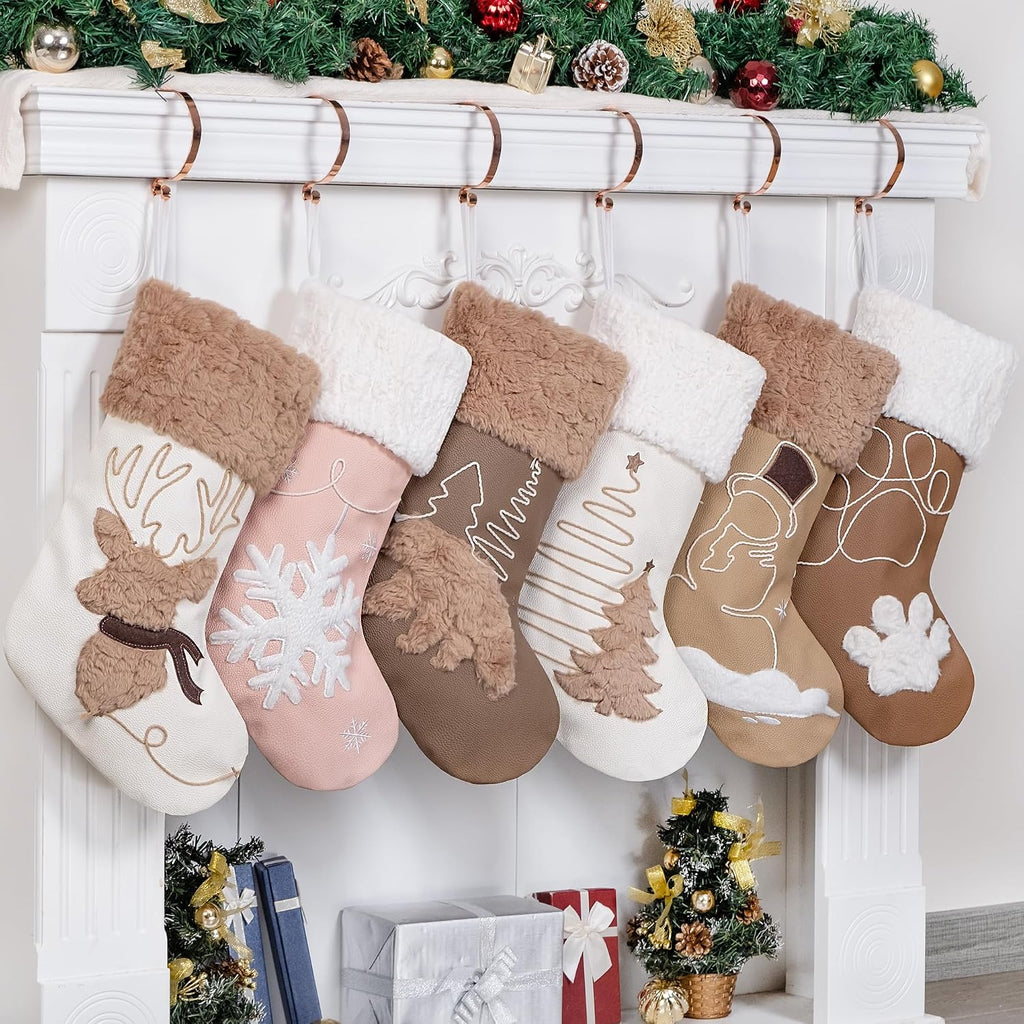 GEX Christmas Stockings 6 Pack for Family Soft Pleather with Rope Stitch Embroidery Large 20" Faux Fur Boho Rustic Farmhouse Country Stockings for Xmas Fireplace Decoration (Set of 6)
