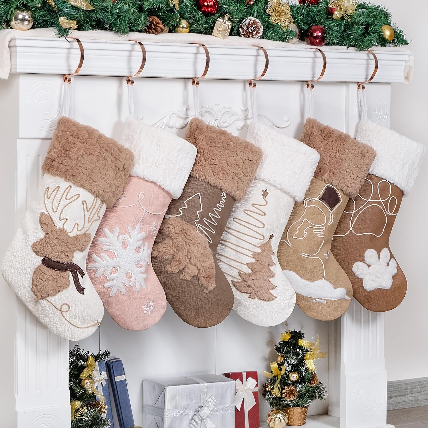 GEX Christmas Stockings 6 Pack for Family Soft Pleather with Rope Stitch Embroidery Large 20" Faux Fur Boho Rustic Farmhouse Country Stockings for Xmas Fireplace Decoration (Set of 6)