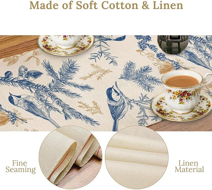 Floral Table Runner,Sketch Birds and Flowers Summer Table Runner Kitchen Dining Table Decoration for Home Party Decor 13x120 Inch