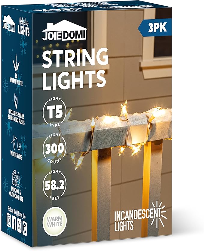 Joiedomi Christmas String Lights Indoor,300(3x100) Mini Warm Fairy Light,64.5FT Lighting Decor for Patio Dorm Classroom Bedroom Holiday Wedding Party Garland Birthday Festival,White Wire
