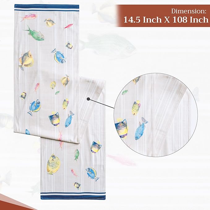 Maison d' Hermine Table Runner 100% Cotton Double Layer Table Runners 108 inches Long Decorative for Home Kitchen Dining Party Baby Shower Wedding Bridal Shower Spring Summer (Poisson, 14.50" x 108")