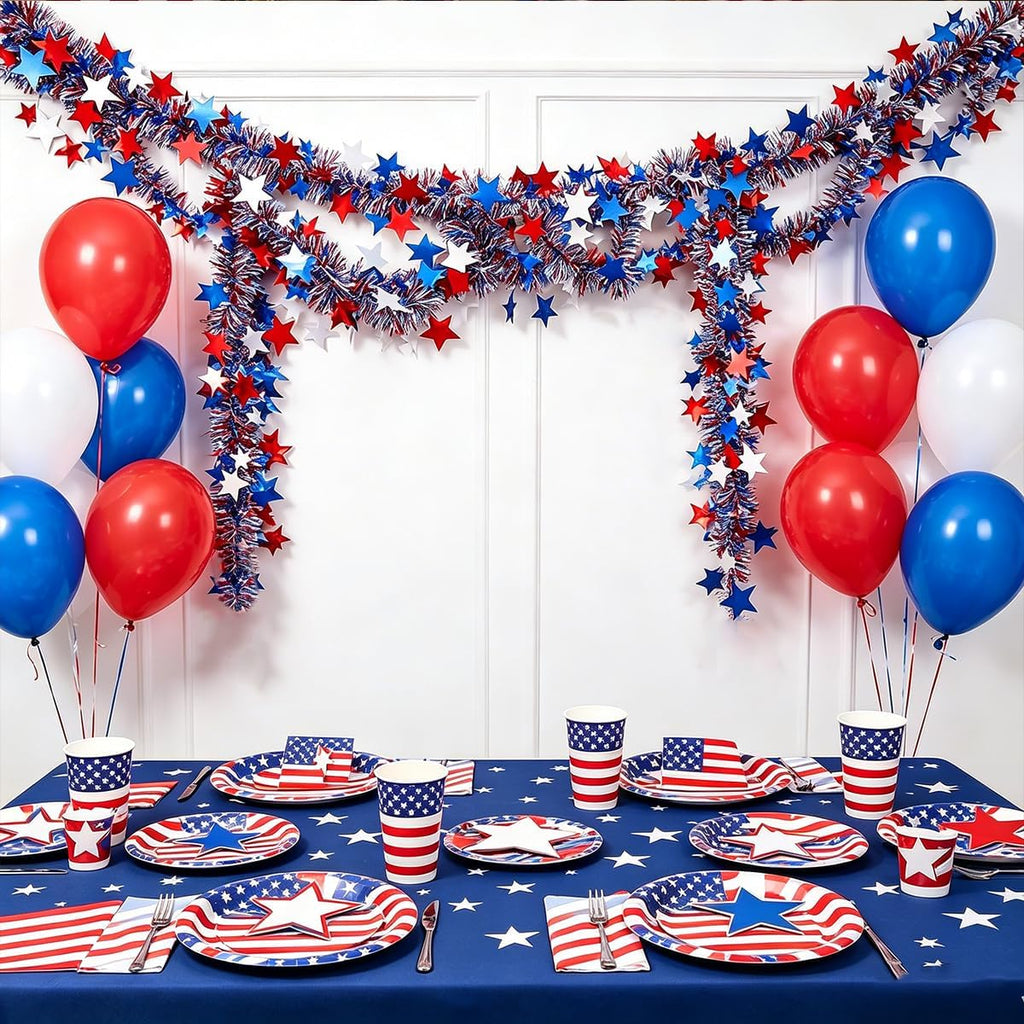4th of July Red White Blue Star Tinsel Garland - 33 Ft Memorial Day Patriotic Decoration Independence Day Metallic Tree Fine Filament Garland Glitter Tinsel Hanging Twist for Veterans Day Decor