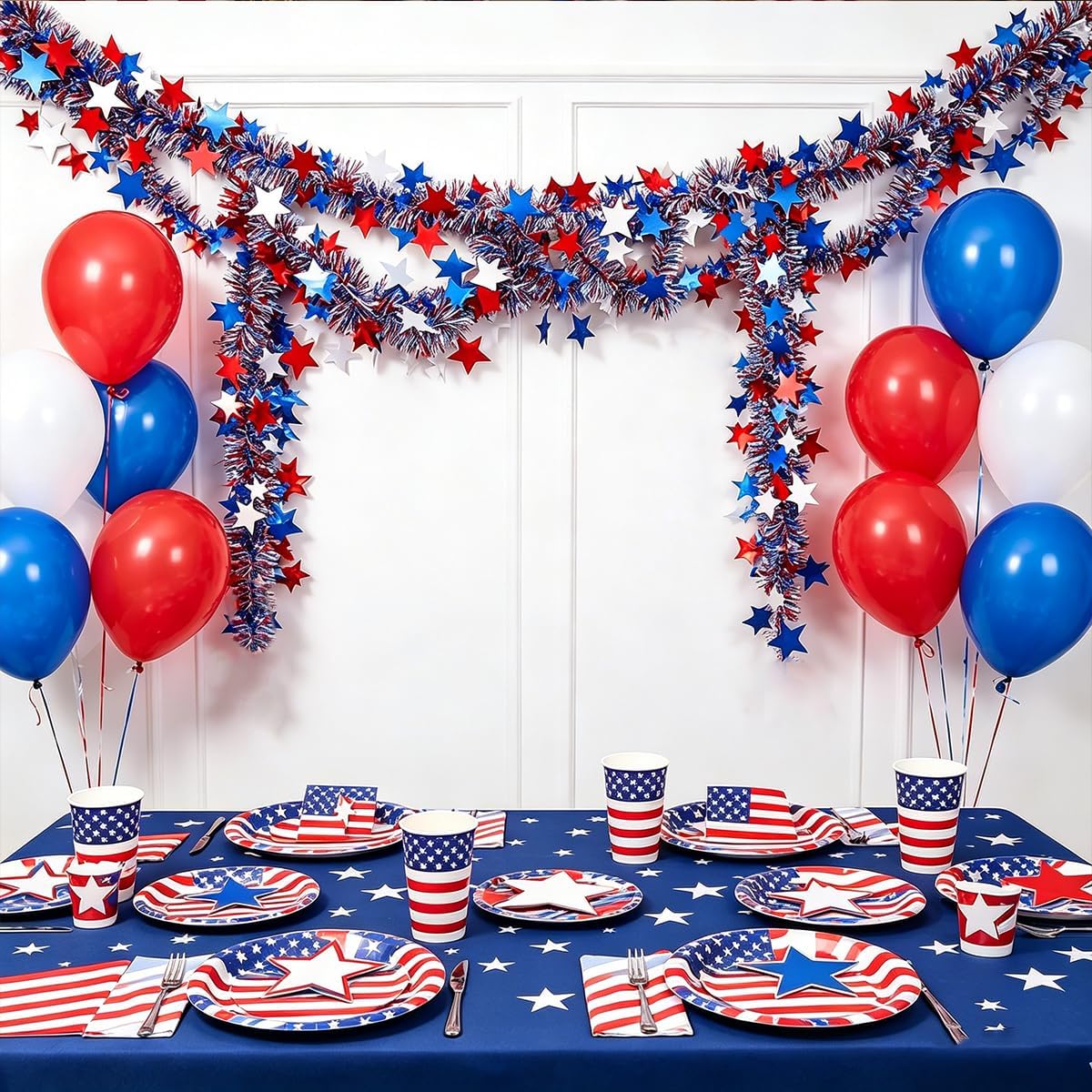 4th of July Red White Blue Star Tinsel Garland - 33 Ft Memorial Day Patriotic Decoration Independence Day Metallic Tree Fine Filament Garland Glitter Tinsel Hanging Twist for Veterans Day Decor