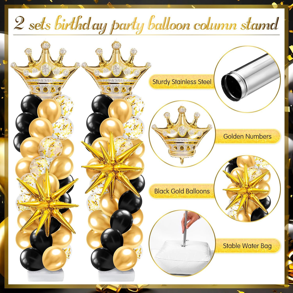 2 sets black and gold balloon column stand, close-up detail