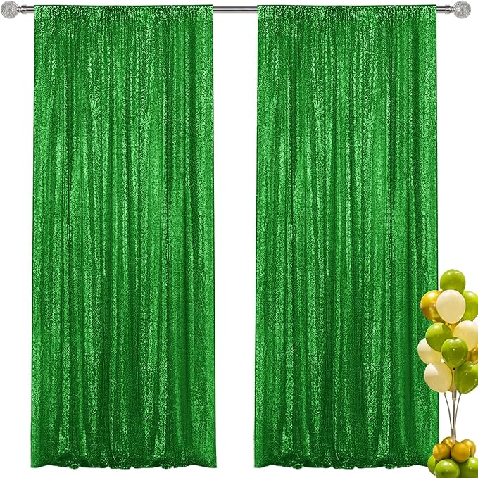 Green Sequin Backdrop Curtain 2 Pieces 2FTx8FT Glitter Photography Backdrop for Party Wedding Birthday Christmas Decorations