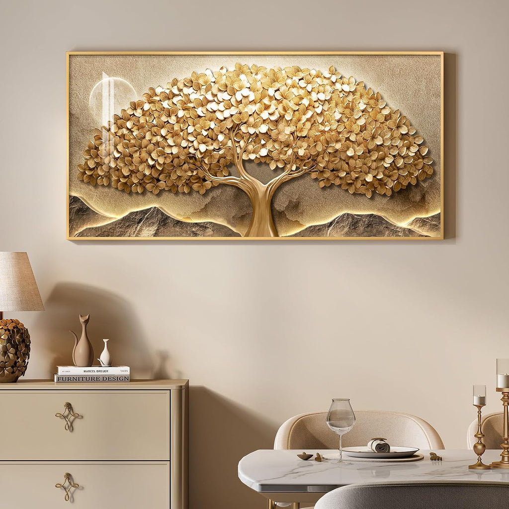 large framed modern gold tree of life wall, side view