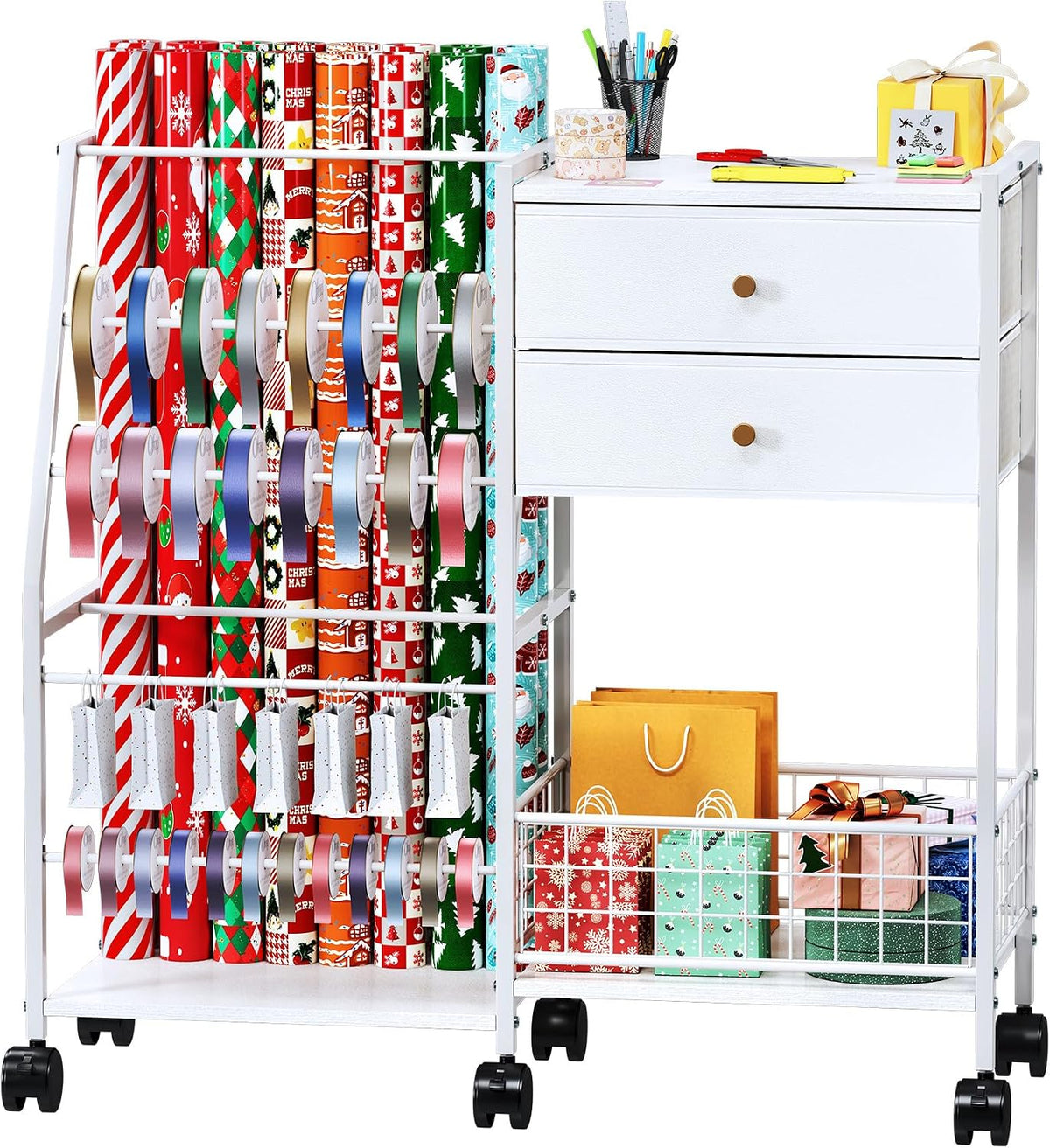 tc-homeny wheeled wrapping paper organizer gift wrap ribbon, main product view