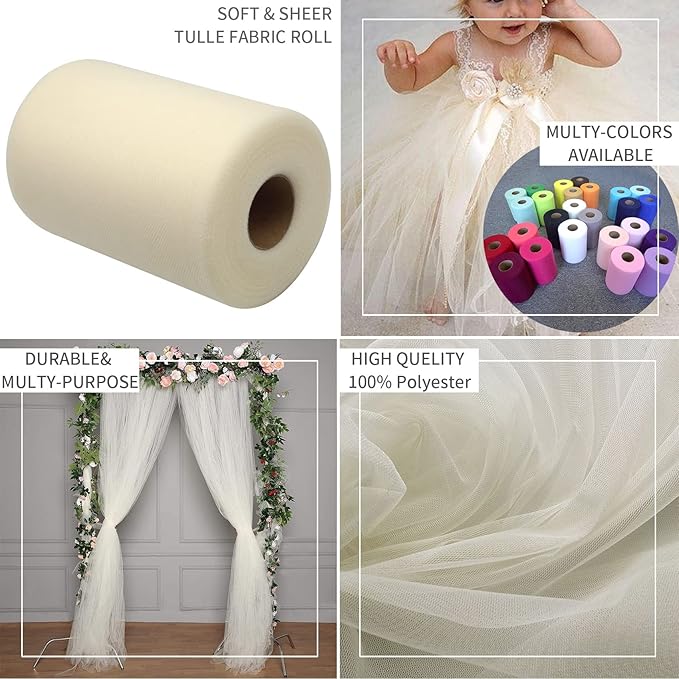 Ivory Tulle Fabric Rolls 6 Inch by 100 Yards (300 feet) Fabric Spool Tulle Ribbon for DIY Ivory Tutu Bow Baby Shower Birthday Party Wedding Decorations Christmas Craft Supplies