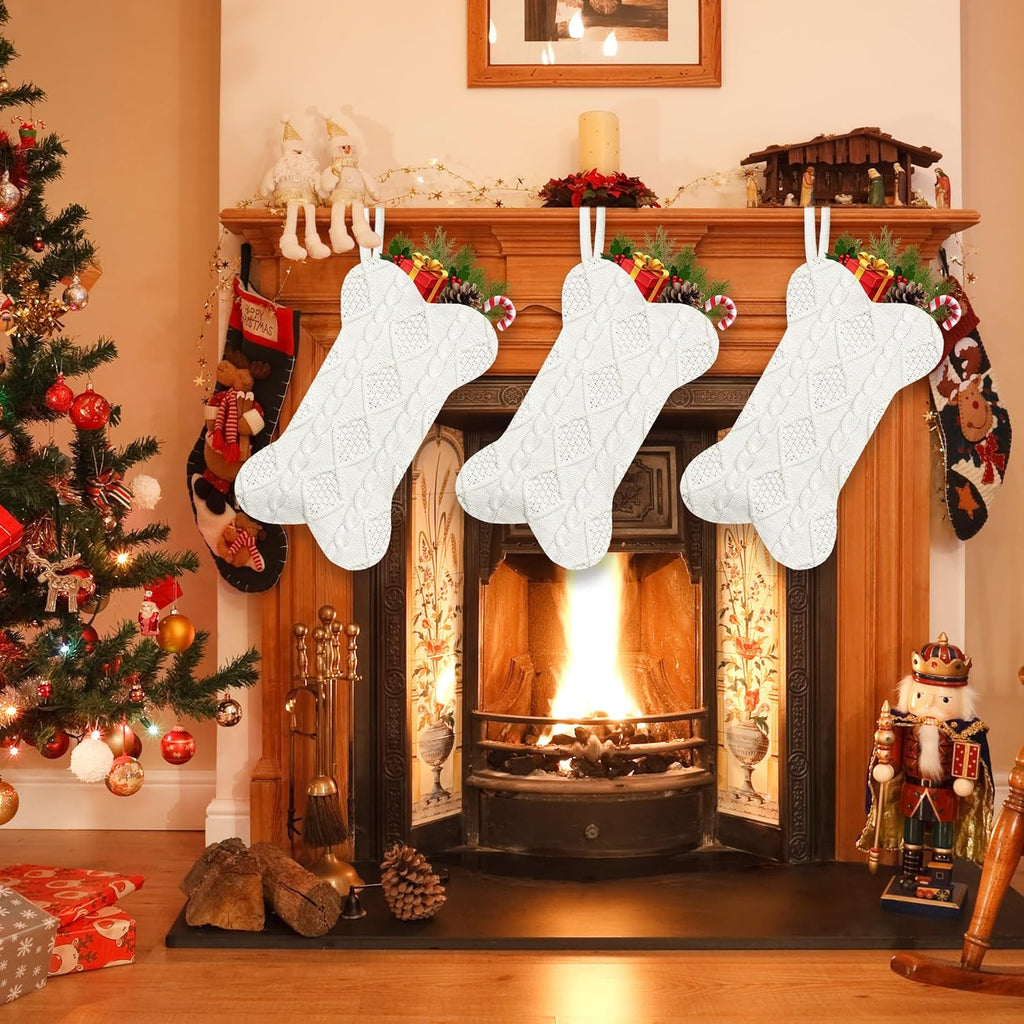 GOYOSWA 2 Pack Dog Christmas Stocking, 18 Inch Large Double Side Knitted Christmas Stocking for Dogs, Bone Shaped Hanging Dog Stockings for Dogs Pets (White & White)