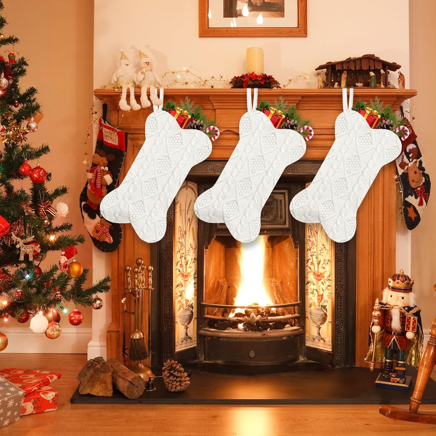 GOYOSWA 2 Pack Dog Christmas Stocking, 18 Inch Large Double Side Knitted Christmas Stocking for Dogs, Bone Shaped Hanging Dog Stockings for Dogs Pets (White & White)