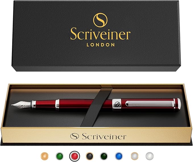 Scriveiner Deep Crimson Red Fountain Pen - Stunning Luxury Pen with Chrome Finish, Schmidt Nib (Medium), Best Pen Gift Set for Men & Women, Professional, Executive, Office, Nice Pens