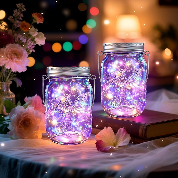 Solar Mason Jar Lights [Upgraded], 12 Pack 30 LED Firefly Fairy String Lights, Waterproof Outdoor Solar Mason Jar Lid Lights with Hangers(NO JARS) for Patio Garden Yard Wedding Decoration - Multicolor