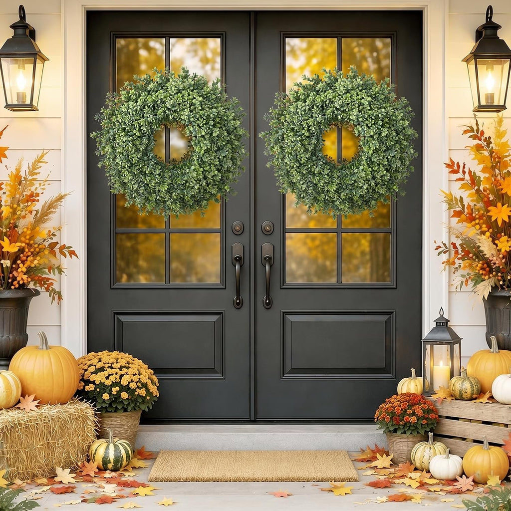 waipfaru 26'' fall boxwood wreath for front door showing dimensions