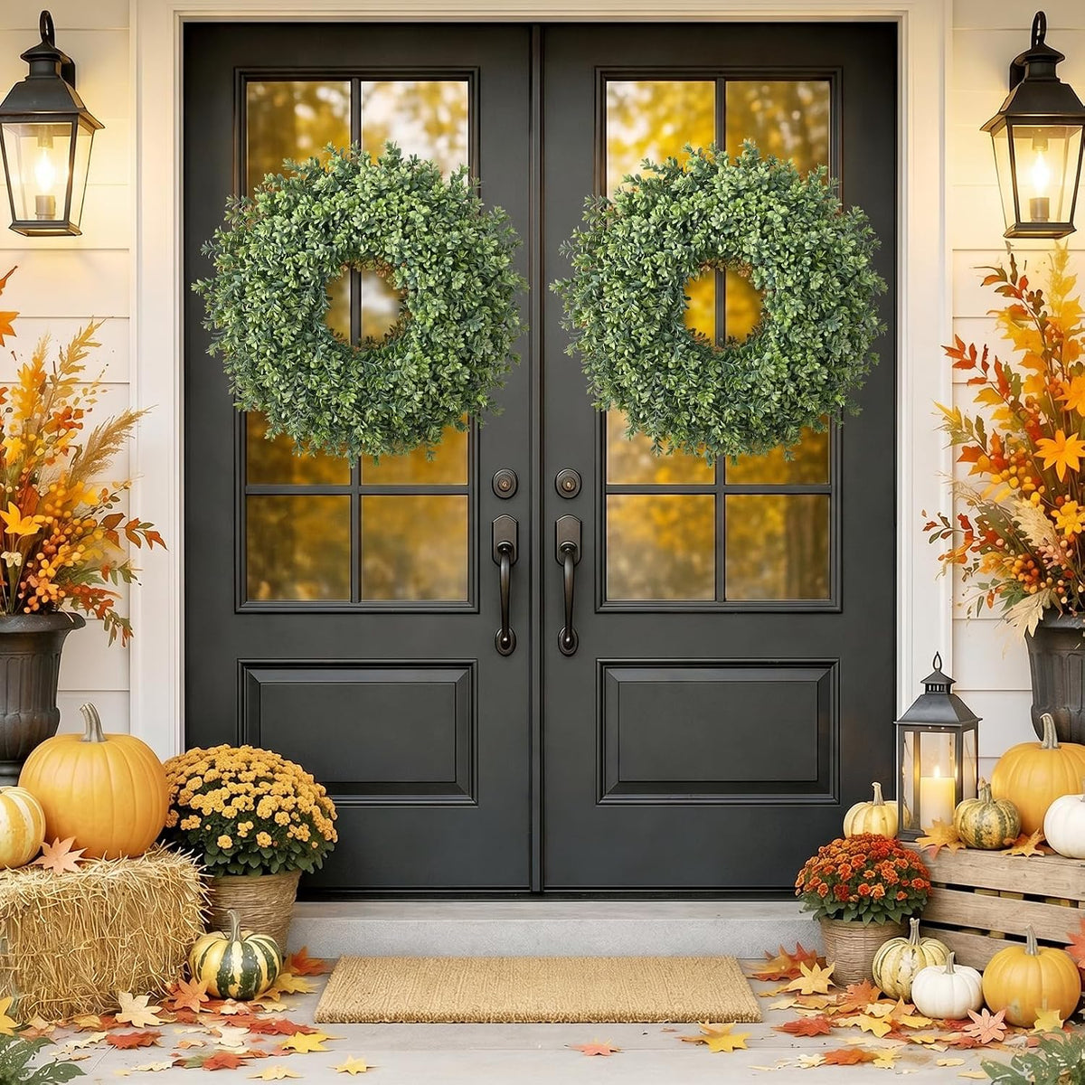 waipfaru 26'' fall boxwood wreath for front door showing dimensions