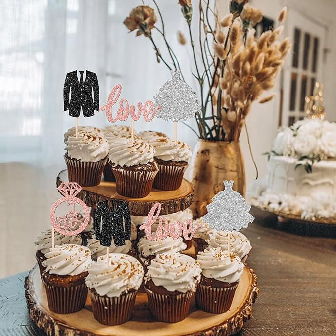 24 PCS Groom and Bride Cupcake Toppers Glitter Ring Love I Do Cupcake Picks Marriage Bridal Shower Cake Decorations for Wedding Engagement Bridal Shower Theme Party Supplies Rose Gold