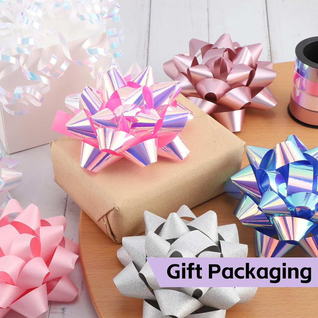 DYSHIPEN 16 Pcs Gift Bows,Bows for Gift Wrapping and Presents,2 Crimped Curling Ribbons,2 Curly Bows,Christmas Bows,for Parties, Birthdays, Weddings. (Pink, 3.5in+2.5in)