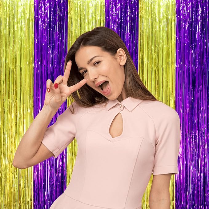 3 Pack 3.3 x 8.2 ft Purple and Gold Foil Fringe Backdrop Curtains, Tinsel Streamers Party Decorations, Fringe Backdrop, Door Shimmer for Graduation or Birthday Party