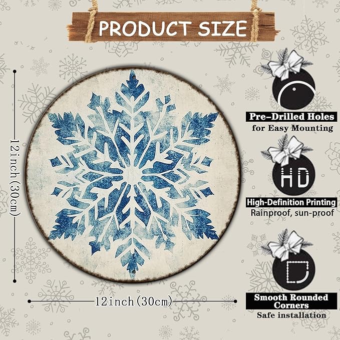 Round Christmas Metal Tin Sign Vintage Snowflake Signs Winter Christmas Sign Retro Wall Decor Tin Sign Funny Decorations for Home Cafes Office Store Pubs Tin Sign 12 * 12 in