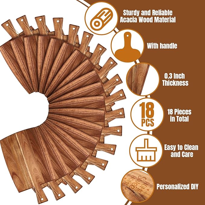 Irenare 18 Pcs Plain Cutting Board Set with Handles Laser Engraving Wooden Charcuterie Kitchen Serving Chopping Board Bulk for DIY Housewarming Mother's Day Gifts(Acacia,17 x 10 Inch)