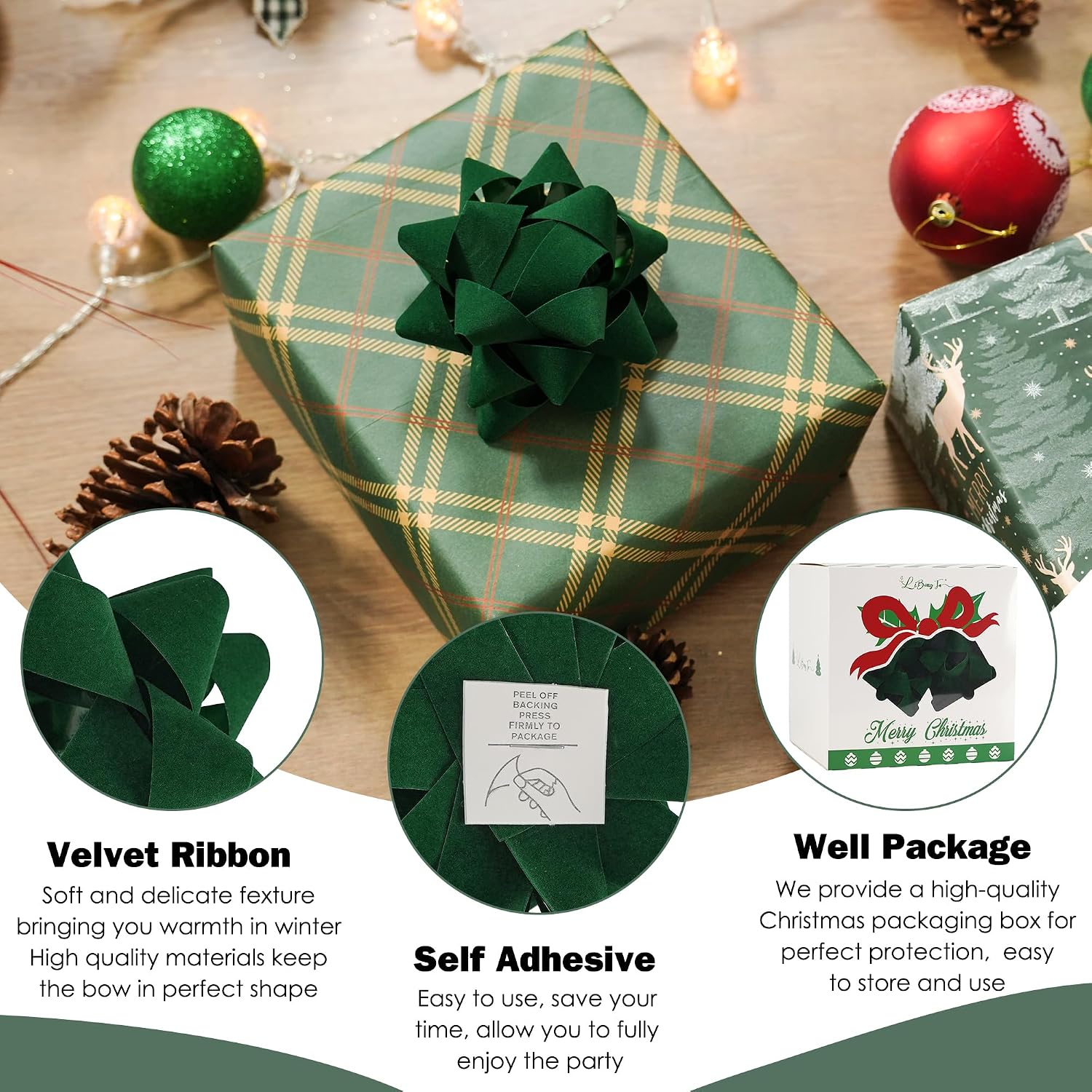 4.5 Inch Green Velvet Ribbon Gift Bow Decorative Bows, Premade Christmas Bows for Gift Wrapping Self Adhesive, Wrapping Bows for Presents, Party Favor, Holiday, Wedding, Birthday-12 Counts