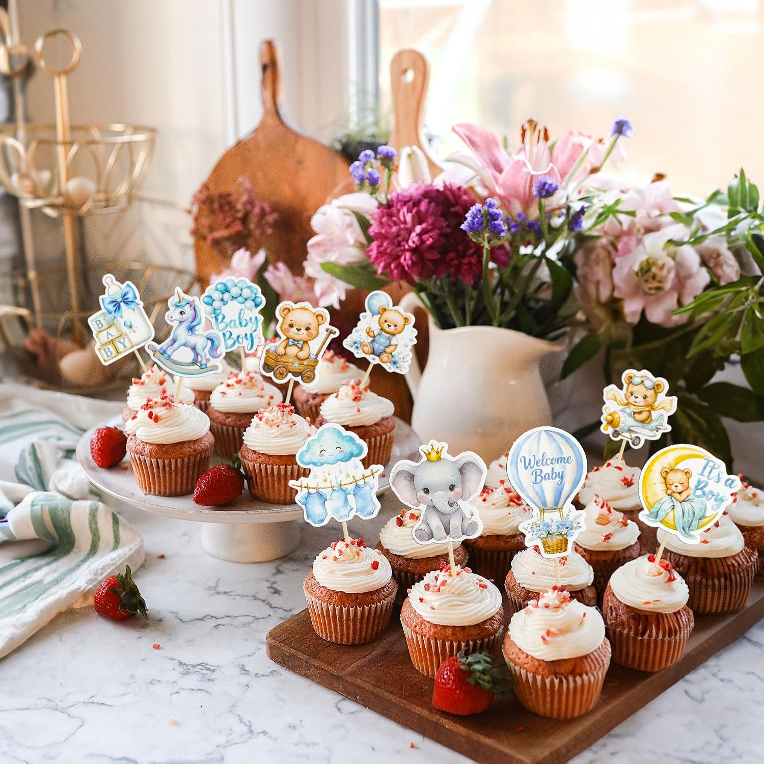 Gyufise 40Pcs Baby Girl Cupcake Toppers Baby Shower Decorations for Girls Rainbow Balloon Elephant Bear It's a Boy Cupcake Picks for Baby Shower Birthday Party Supplies Blue White
