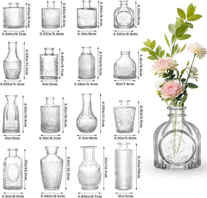 Glass Bud Vase Set of 16, Small Vases for Flowers, Mini Vintage Vase for Centerpieces, Clear Flower Vases for Wedding, Table, Party, Home Decor