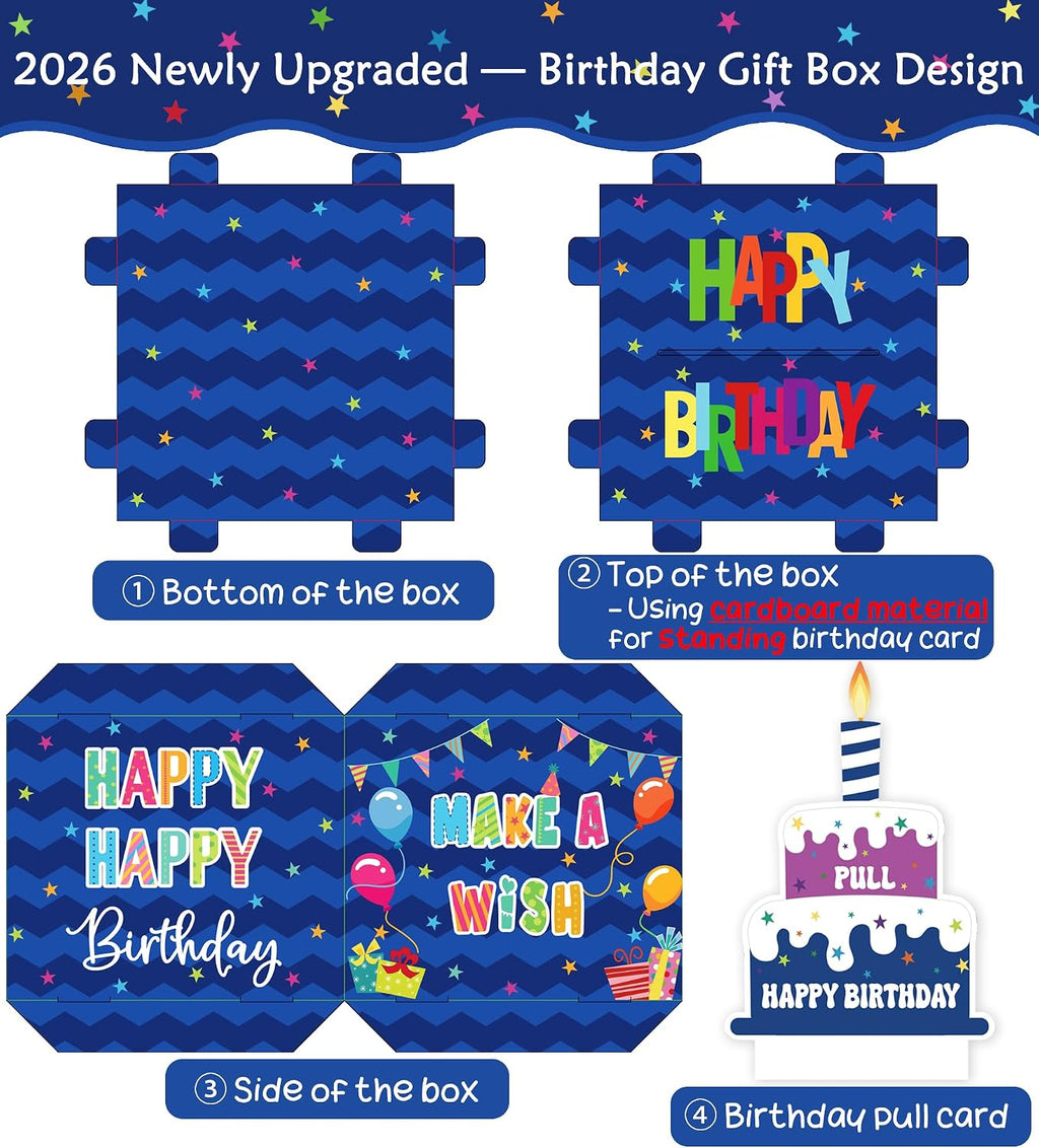 Birthday Money Box for Cash Gift Pull, Surprise Gift Boxes for Money, Money Holder Box with Pull Out Happy Birthday Card and 50Pcs Transparent Bags, Money Gift Ideas for Kids and Adults