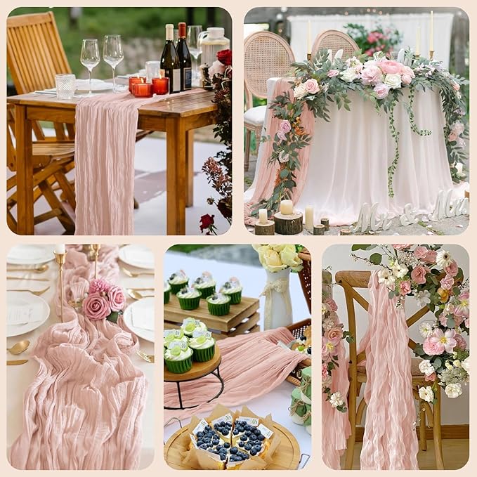 Asee'm 4pcs Cheesecloth Table Runner 120 Inches Dusty Pink Boho Gauze Cheese Cloth Runner 10FT Rustic Sheer Table Runners for Summer Wedding Baby Shower Holiday Party Decoration
