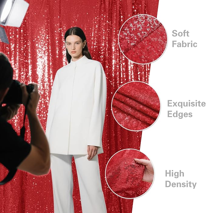 Red Sequin Backdrop Curtain 2 Pieces 2FTx8FT Glitter Photography Backdrop for Party Wedding Birthday Christmas Decorations