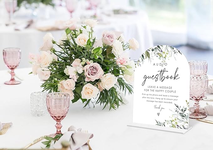 Greenery Audio Guest Book Sign, 6 x 8 Inch White Arch Acrylic Wedding Sign with Holder, Wedding Sign for Ceremony and Reception, Wedding Decoration, Wedding Supplies - LY29