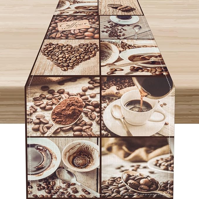 Coffee Theme Table Runner, Rustic Farmhouse Coffee Cup Latte Cappuccino Tea Party Cafe Table Center Decor for Home Kitchen Dining Patio Holiday Party Indoor Outdoor Table Decorations, 13"x36" Inch