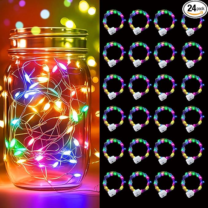 pozzolanas 24 Pack Multicolor Battery Operated String Lights - 7ft Waterproof Fairy Lights with 20 LEDs for Home, Mason Jar, Party, Wedding, Halloween, Christmas Decorations