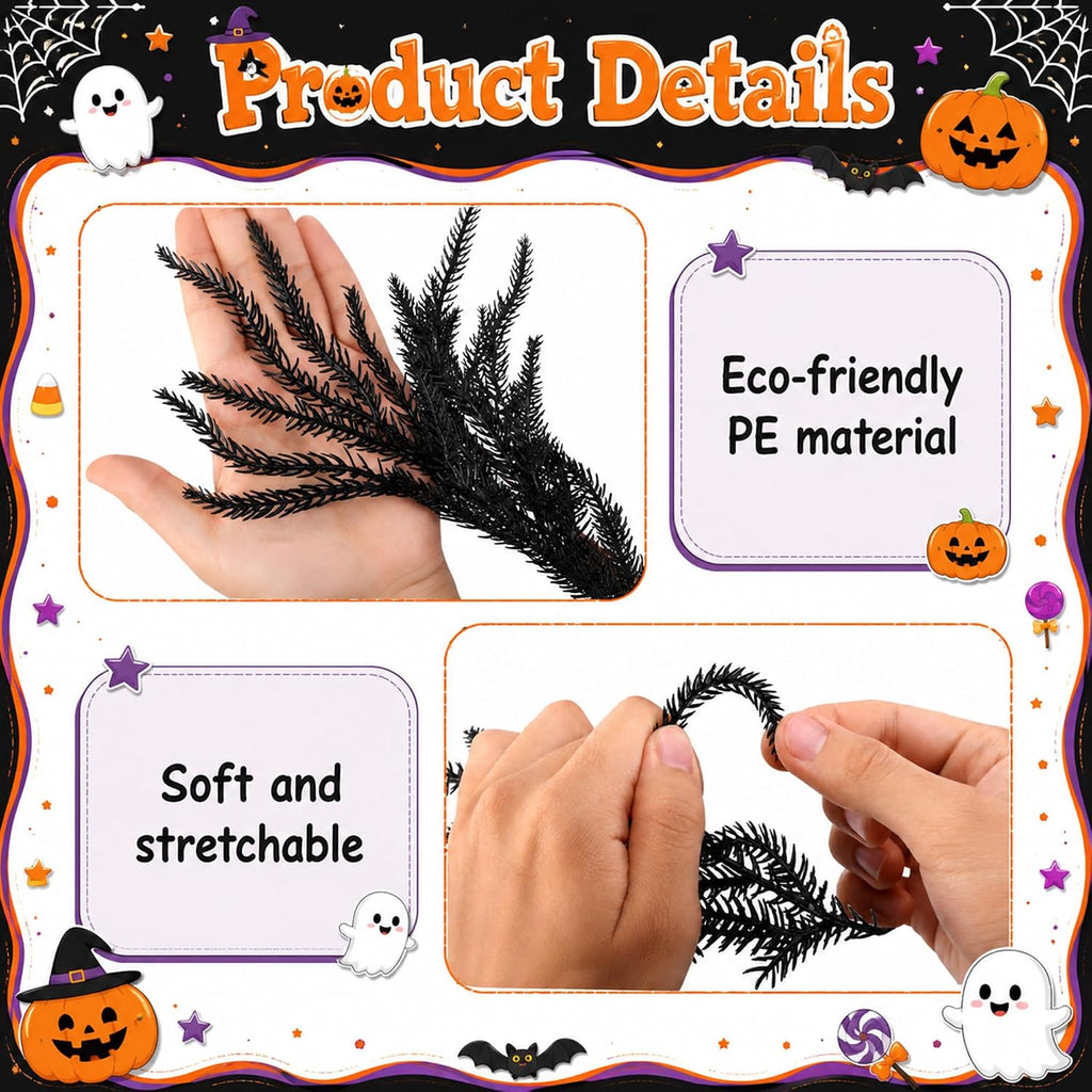 6ft black halloween norfolk pine garland,vine twig mantle, close-up detail