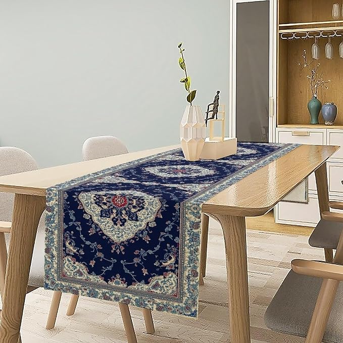 Elegant Palace Boho Blue Table Runner Vintage French Style Farmhouse Geometric Home Farmhouse Kitchen Table Dining Coffee Room Garden Party Wedding Decor 13x120in