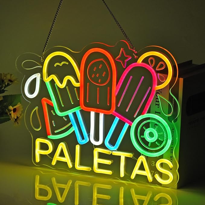 CNBEYOUNG Paletas Neon Sign, Neon Lights Hanging Wall Art Decoration for Mexican Restaurant Popsicle Ice Pop Shop Bar Kitchen Party Home Decor, USB - Driven, Super Bright & Adjustable,16x 12.6inches