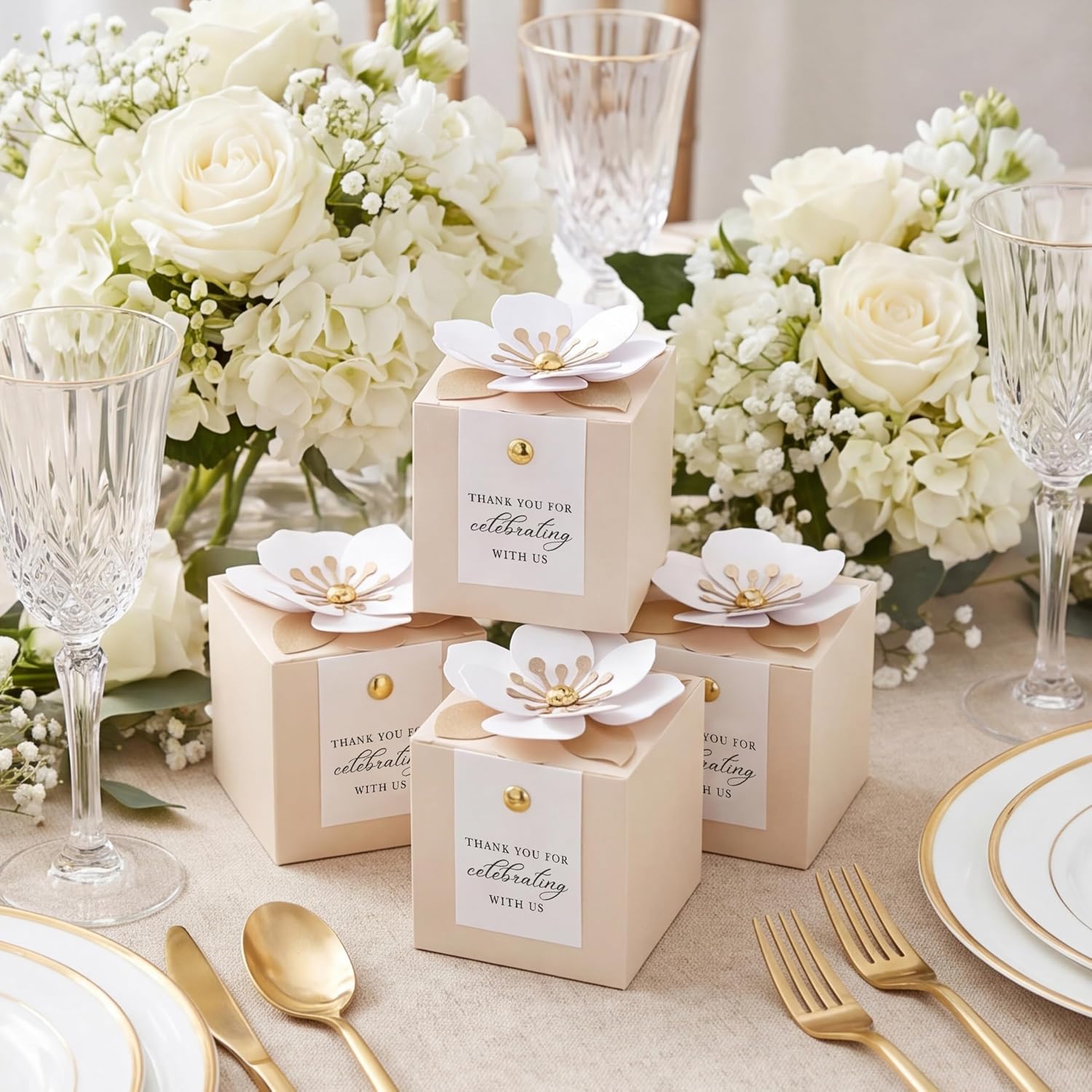 FEIYI 20 PCS Champagne Favor Boxes, 3 In 1 Candy Box with Floral Decor, White Thank You Tags Gift wrapping for Wedding Birthday Baby Shower Decorations Party -2.55x2.55x2.55 inches