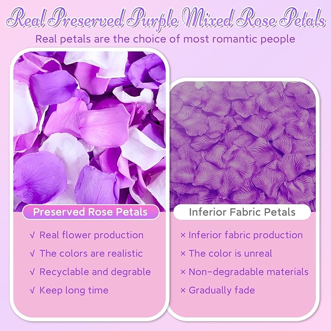 180 PCS Real Purple White Rose Petals for Wedding Flower Girl to Throw, 1.75oz Mixed Fresh Dried Rose Petal for Proposal Centerpieces Valentine's Day Romantic Night Decor